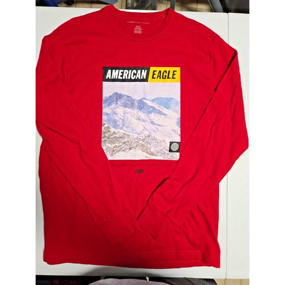 American Eagle Icy Mountain Long Sleeve Shirt Men’s Size Medium Red Cotton Rare